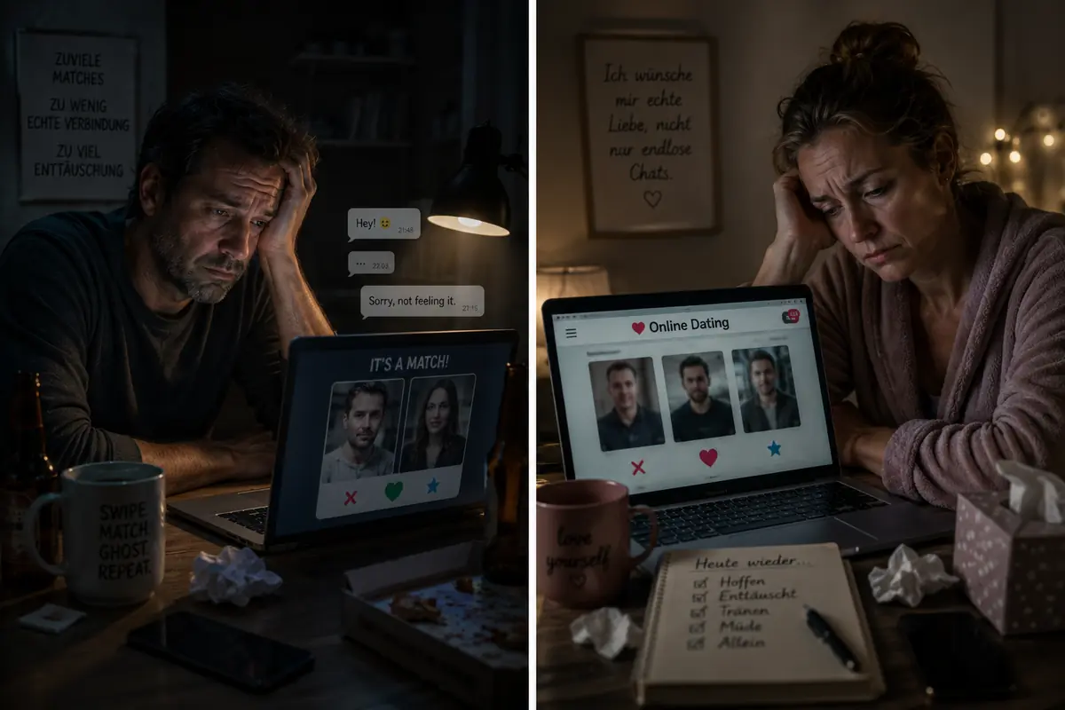 Nachdenkliche Single-Frau blickt erschöpft auf ihr Smartphone und fühlt sich vom Online-Dating emotional ausgelaugt.