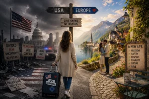 Nachdenkliche Amerikanerin mit Koffer zwischen der amerikanischen Flagge und einer europäischen Stadt als Symbol für politische Flucht, Liebe und einen Neuanfang in Europa.