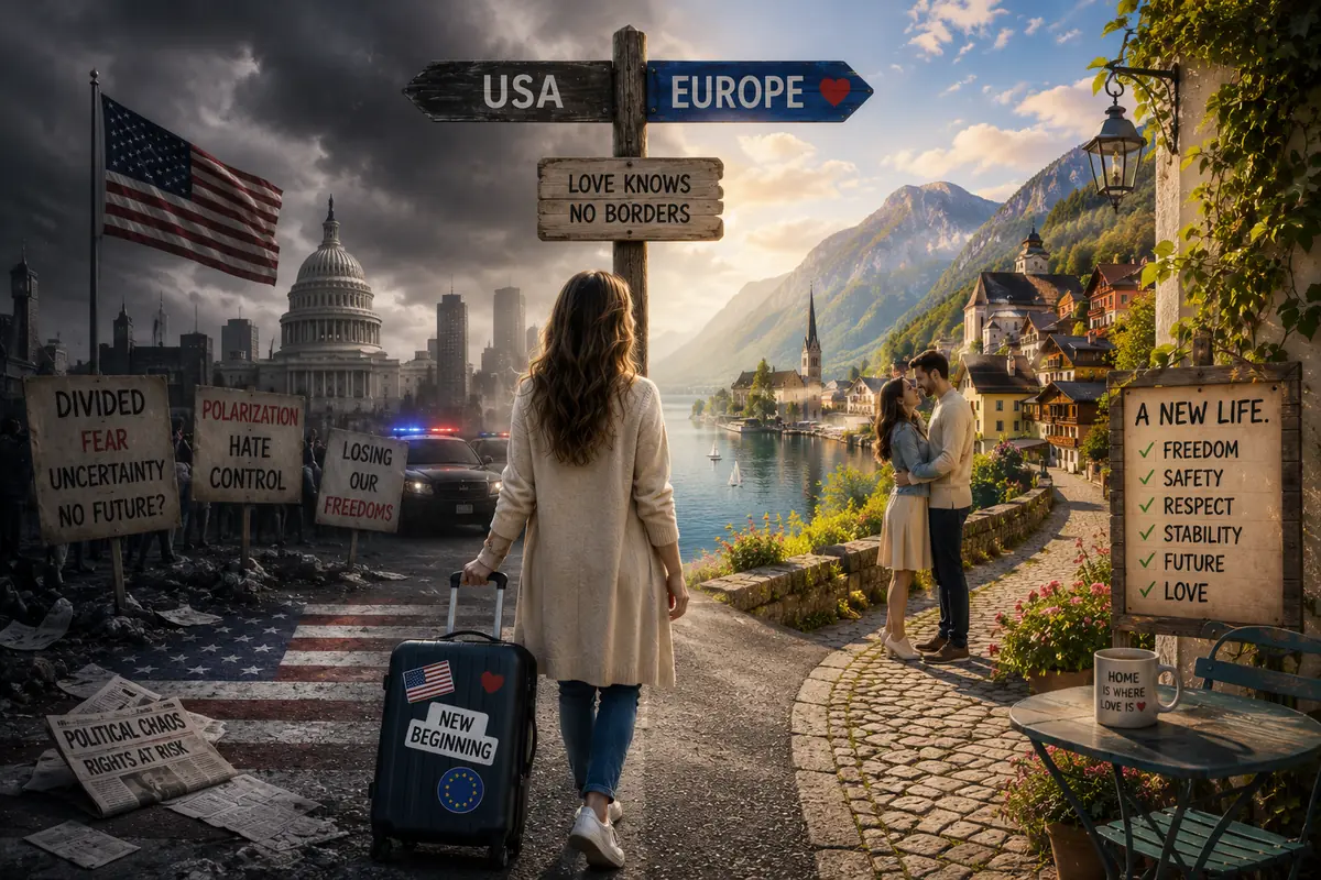 Nachdenkliche Amerikanerin mit Koffer zwischen der amerikanischen Flagge und einer europäischen Stadt als Symbol für politische Flucht, Liebe und einen Neuanfang in Europa.
